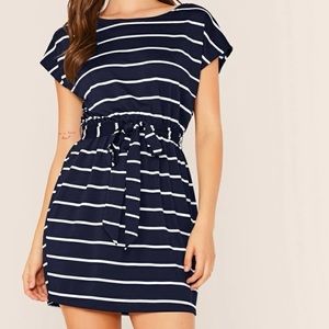 Batwing Sleeve Self Belted Striped Dress